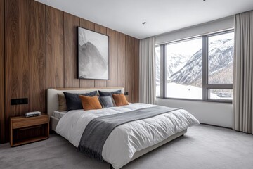 Modern bedroom with a large window overlooking a snowy mountain landscape.