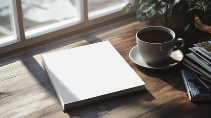 Blank Book on Wooden Table by Window with Coffee Cup