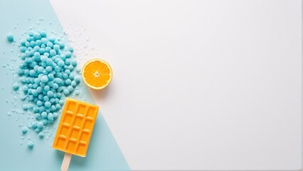 A vibrant arrangement of blue and orange objects, including a popsicle, orange slice, and blue beads, is displayed against a light blue and white background.