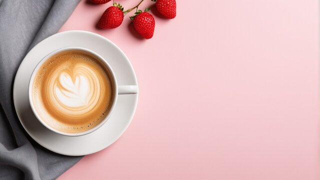 A cup of coffee with a heart-shaped latte art sits on a pink background, accompanied by four red strawberries.