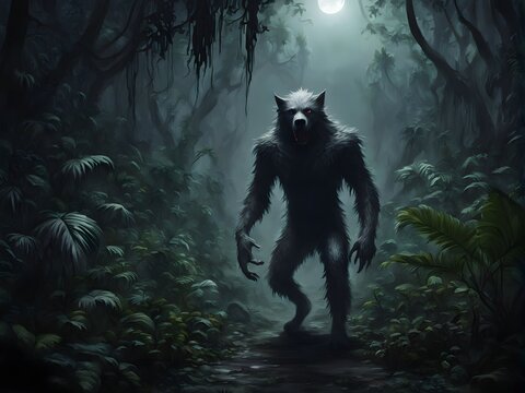 werewolf or dogman in a dark forest at night , spooky urban legend, cryptozoology character, 