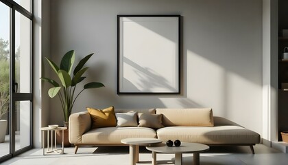 A modern living room with a beige sofa, a black framed artwork on the wall, and a potted plant in the corner