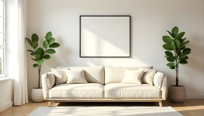 A modern living room with a beige sofa, a black framed artwork on the wall, and a potted plant in the corner