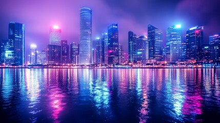 Fototapeta premium A stunning city skyline at night showcasing vibrant neon lights reflecting on wet streets with a modern and futuristic vibe