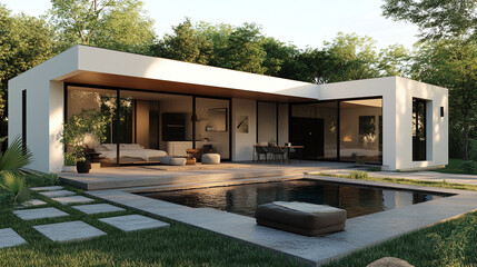 Fototapeta premium Create a modern 3-bedroom home with a minimalist layout, incorporating an open kitchen, living room, and dining area with sleek, simple finishes
