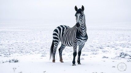 Black and white striped equine animal standing alone in a vast snowy landscape, winter, isolated zebra on white background, black and white stripes