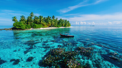 Plastic Pollution Microplastics Wildlife Concept. Tropical island with palm trees and clear blue water under a bright sky.