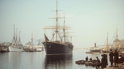 Fototapeta premium Majestic Sailing Ship in Harbor: A captivating vintage-style photograph of a grand sailing ship majestically entering a bustling harbor, surrounded by smaller vessels and onlookers on the shore.