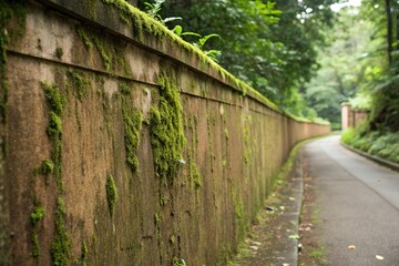 Fototapeta premium Brown cement wall covered in algae and moss, overgrown vegetation, wall decoration, moss