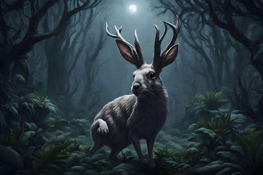jackalope in a dark forest , rabbit mythology, mystery and cryptozoology character