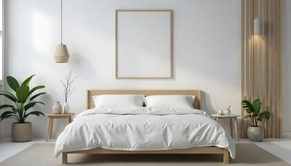 A minimalist bedroom with a wooden bed frame, white bedding, and a large empty frame on the wall