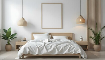 A minimalist bedroom with a wooden bed frame, white bedding, and a large empty frame on the wall