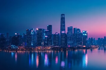 A vibrant smart city skyline at dusk showcasing glowing connections representing big data and technology integration in an urban landscape