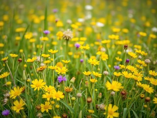 Obraz premium Close-up of cota tinctoria yellow flowers in a sea of green grass and other wildflowers, meadow flowers, botanical photography