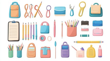 Colorful School Supplies and Backpacks Cartoon Illustration