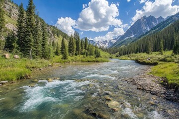 Fototapeta premium Mountain River Flowing Through A Forested Valley