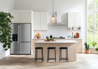 Fototapeta premium Modern kitchen with stainless steel appliances, white cabinets, wooden countertops, an island with three stools, a large window with a view of trees, and a plant in the corner.