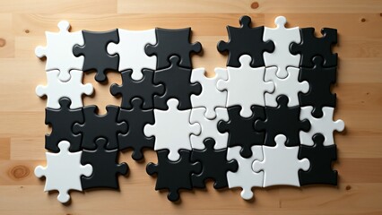 Naklejka premium Checkerboard arrangement of black and white puzzle pieces on a wooden table. Symbolizes balance, logic, and problem-solving concepts. Perfect for strategy, creativity, and teamwork themes. 