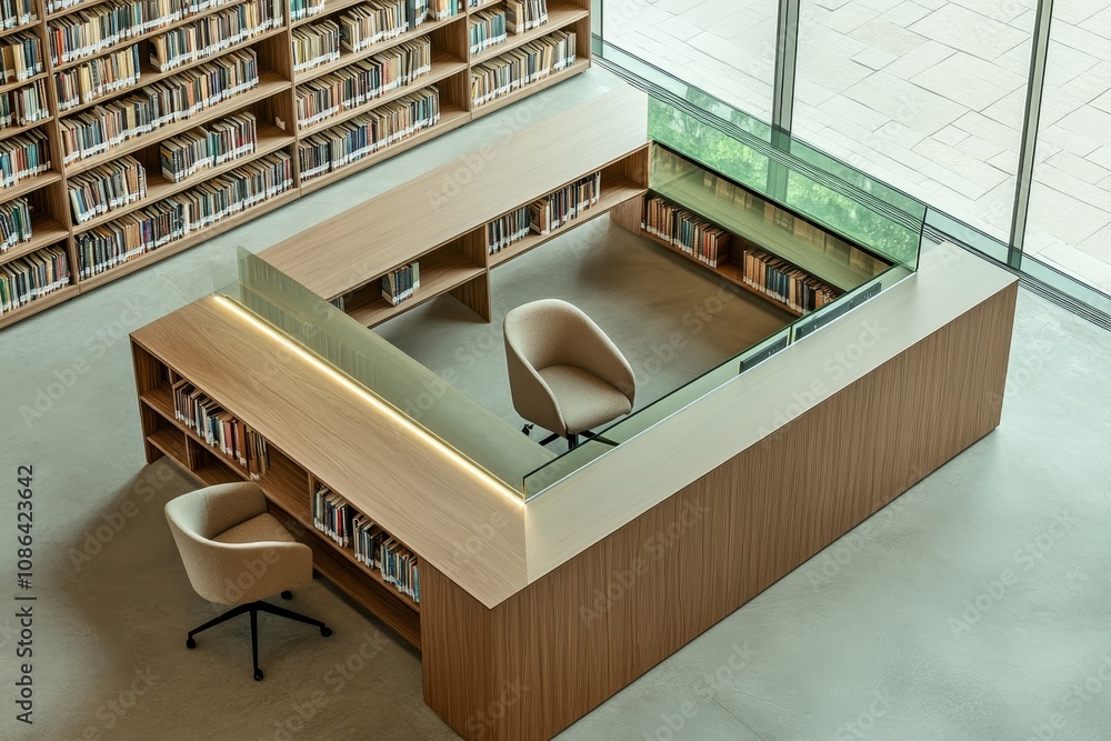 Poster an overhead view of a modern library desk with two chairs and bookshelves.