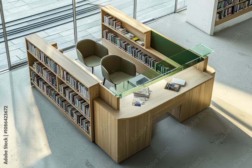 Poster top view of an empty library desk with two chairs, bookshelves, and a laptop computer.