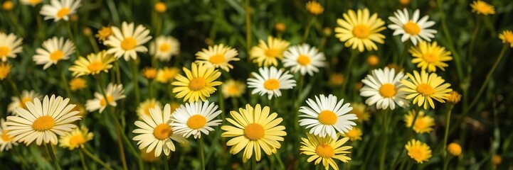 Obraz premium Daisies in every shade of yellow from pale to vibrant bloom in a lush green meadow their delicate petals shining like tiny rays of sunshine, outdoors, garden