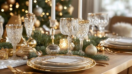 Christmas dinner table, crystal glasses,