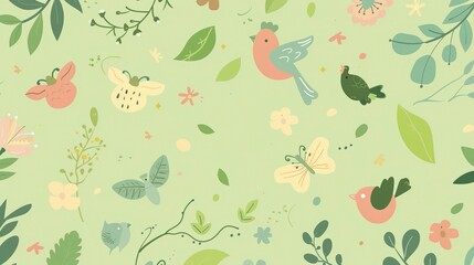 Spring Green Nature Cute Background - A Delightful Display of the Season's Charm. The Lush Greenery of Spring, with Tender Shoots and Blossoming Flowers