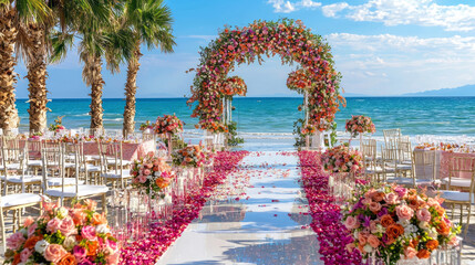 stunning beach wedding ceremony adorned with vibrant floral decorations, featuring elegant archway and beautiful ocean backdrop. scene is filled with romantic colors and serene atmosphere