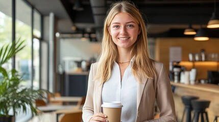 Young and Confident Businesswoman Standing with Coffee in a Modern Cafe Setting, Exuding Professionalism and Positivity