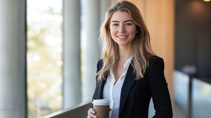 Young Confident Businesswoman Standing with Coffee in Stylish Office Space Showcasing Professionalism and Poise in Modern Workspace Environment