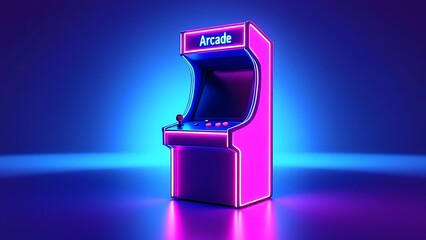 3D illustration of a retro arcade cabinet with neon lights in a purple and blue setting.
