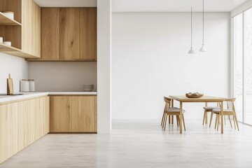 Fototapeta premium Minimalist kitchen and dining area with white walls, wooden cabinets and floors, and a large window.