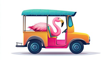 A Pink Flamingo Driving a Yellow Car with a Blue Canopy