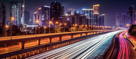 Obraz premium A vibrant cityscape at night with illuminated skyscrapers and light trails from traffic.