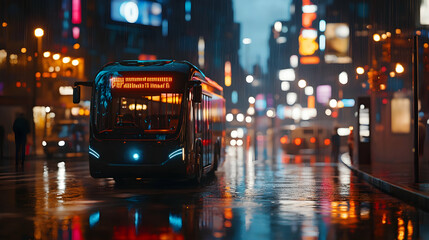 Obraz premium Futuristic electric bus driving through rainy neon-lit modern cityscape at night