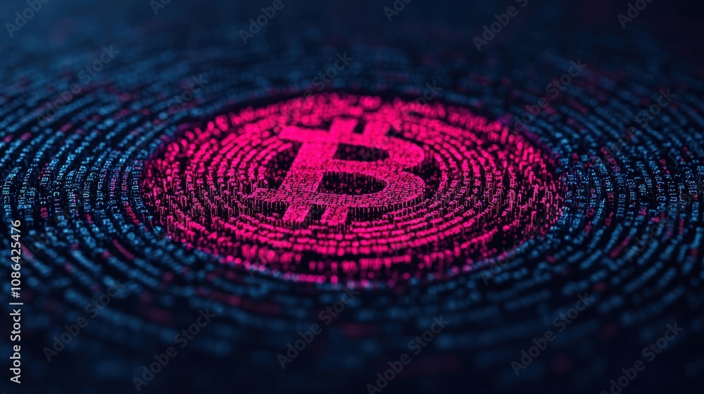 Poster glowing bitcoin crypto currency digital code network technology