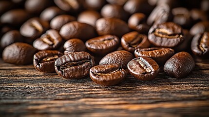 Fototapeta premium A close-up of coffee beans on a wooden table, showcasing their rich color and texture. The image is created using photo-realistic techniques