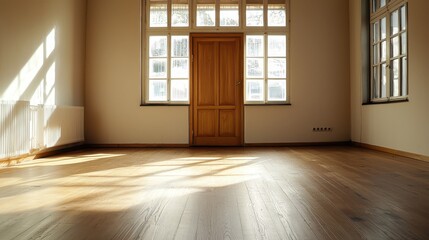 A bright, empty room with wooden flooring, large windows, and a wooden door, illuminated by sunlight streaming through the windows.