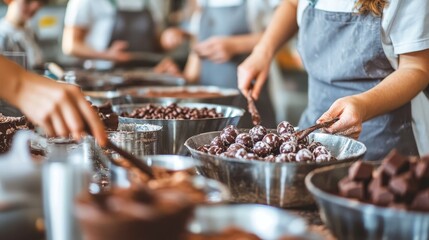 A busy chocolate-making scene with individuals crafting various confections.