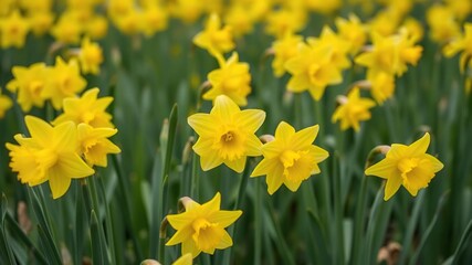 Obraz premium Field of bright yellow daffodil flowers swaying gently in the breeze, daffodils, floral arrangement