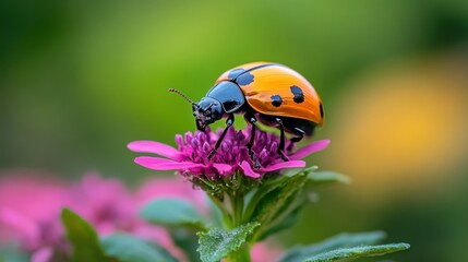 Fototapeta premium Macro Shot of Ladybug on Vibrant Flower Petal