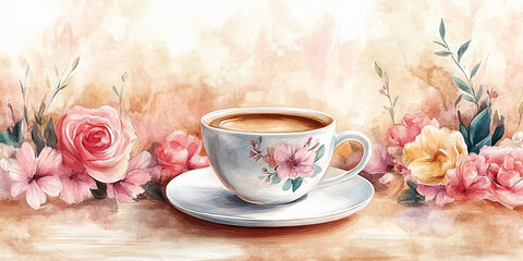 Fototapeta premium A delicate watercolor painting featuring a cup of tea
