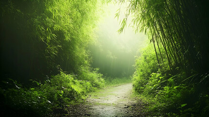 Naklejka premium Dirt path winding through a bamboo forest with sunlight filtering