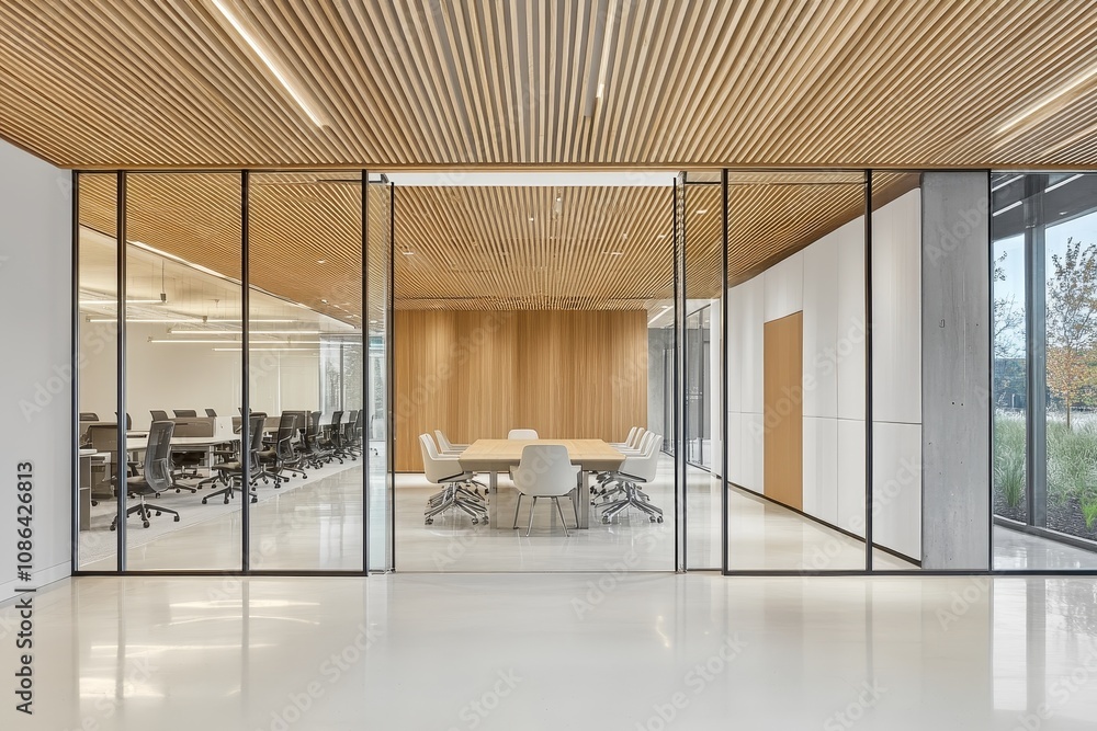 Aufkleber a modern office space with glass walls and a wooden ceiling. there is a conference room with a large