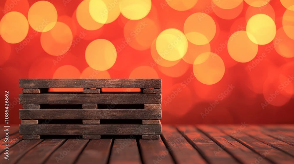 Poster rustic wooden crate on red bokeh background product display festive holiday