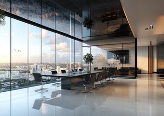 A modern office conference room with large windows overlooking a city skyline at sunset.