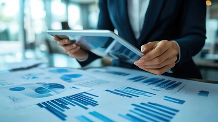Young entrepreneur using tablet to review business charts and graphs in modern office setting, showcasing data analysis and strategic planning for success