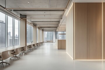 Fototapeta premium A modern office interior with large windows overlooking a city skyline. The space features light wood paneling, a long desk with chairs, and white walls.
