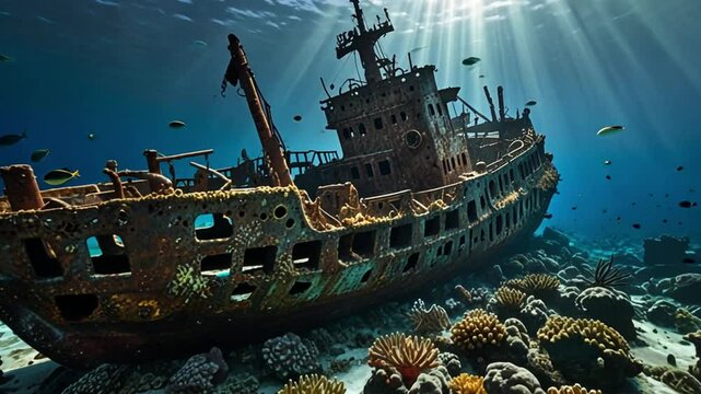 A rusty shipwreck. The bow is tilted and covered in growth. The hull is covered in barnacles and algae. Sunlight filters in. Coral and sea life surround the shipwreck.