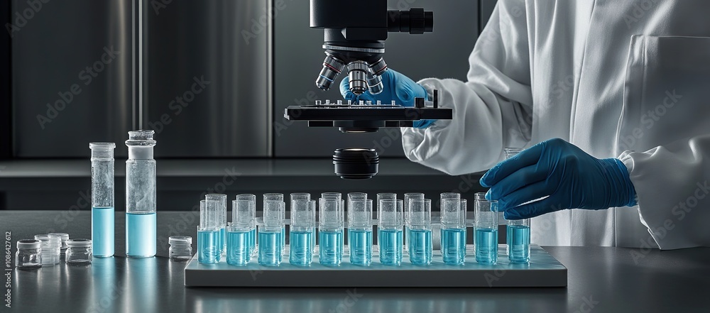 Poster laboratory scientist analyzing samples under microscope